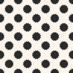 Vector seamless pattern, simple floral geometric texture, black staggered flower silhouettes on white background. Abstract backdrop, repeat tiles. Old style design element for prints, decor, textile