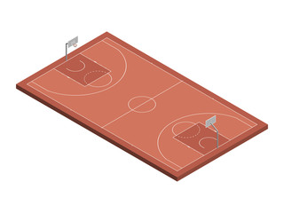 3D isometric basketball court with official dimensions. Sport theme vector illustration, athletic field, playground, stadium. Perspective view. Isolated design element for infographics, collage