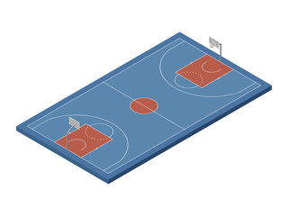 Fototapeta premium 3D isometric basketball court with official dimensions, blue & orange colors. Sport theme vector illustration, athletic field, playground, stadium. Perspective view. Isolated editable design element 