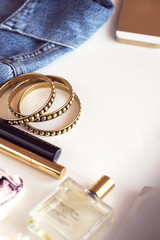 Woman beauty products top view