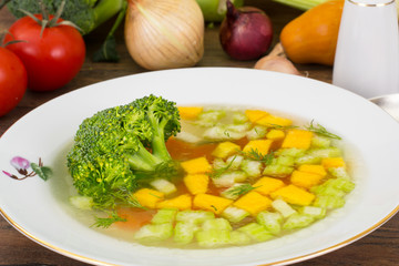 Vegetarian vegetable broth with broccoli and celery