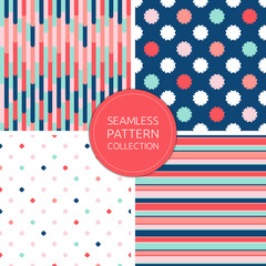 Vector seamless pattern collection, fashion backgrounds. Stylish color palette: soft pink, navy blue, mint, coral and red. Trendy simple design for decoration, cover, card, textile. Square swatches