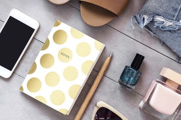 Arranged woman fashion and beauty accessories