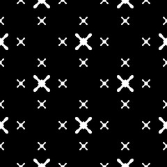 Vector minimalist seamless pattern, texture with white different sized crosses on black background. Abstract geometric design. Monochrome element for printing, embossing, decor, textile, digital, web