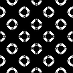 Vector monochrome repeat texture, black and white geometric seamless pattern with simple figures, circles, rings and rounded squares. Dark abstract background. Design for decor, textile, fabric, print
