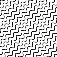 Vector seamless pattern, diagonal wavy lines, smooth bends. Simple monochrome black & white background, geometric repeat texture. Design element for prints, decoration, textile, digital, furniture