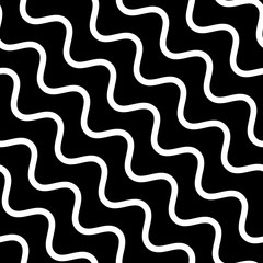 Vector seamless pattern, diagonal wavy lines, smooth bends. Simple monochrome black & white background, dark geometric repeat texture. Design element for prints, furniture, fabric, home decor, cover