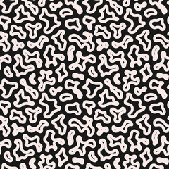 Vector seamless pattern with abstract spots. Black & white texture with small curved patches. Monochrome camouflage illustration. Dark repeat background. Design for prints, decor, textile, fabric