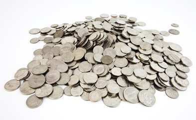 Pile of United States silver coins. Isolated.