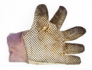 Dirty well-used gardening glove. Isolated.