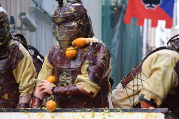 Historical battle of the oranges during Ivrea's carnival. Ivrea, Piemonte, Italy