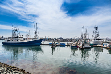 Fototapeta na wymiar Tuna and other fishing boats docked in San Diego's protected bay with Coronado's bases in the distance