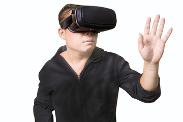 Excited man using a VR virtual reality glasses  headset and experiencing virtual reality isolated background