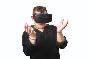 Excited man using a VR virtual reality glasses  headset and experiencing virtual reality isolated background