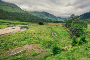 Naklejka na ściany i meble Mountain and green valley in a foggy day in Scotland