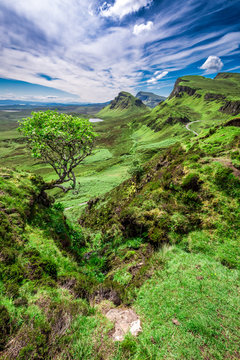 Sunny day in Quiraing to valley in Scotland, UK