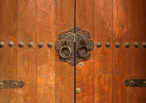 Antique Korean Style Traditional Wooden Main Door, Gate with Steel Plate Engraving, Seoul, Korea