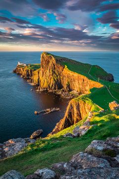 Fototapeta Beautiful sunset at the Neist point lighthouse, Scotland, UK