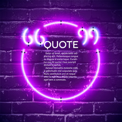 Retro neon glowing quote marks frame on the wall