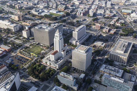Afternoon aerial view of Los Angeles City Hall and Civic Center buildings.  