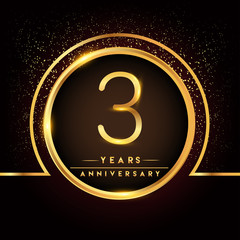 Fototapeta na wymiar three years birthday celebration logotype. 3rd anniversary logo with confetti and golden ring isolated on black background, vector design for greeting card and invitation card.