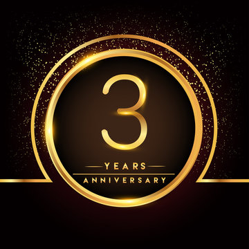 three years birthday celebration logotype. 3rd anniversary logo with confetti and golden ring isolated on black background, vector design for greeting card and invitation card.