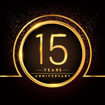 fifteen years birthday celebration logotype. 15th anniversary logo with confetti and golden ring isolated on black background, vector design for greeting card and invitation card.