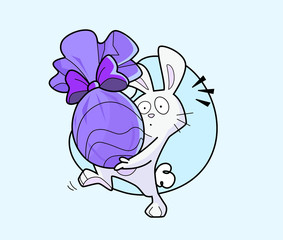 Easter rabbit surpised holding a chocolate egg