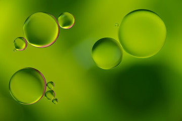 green drops of oil and air bubbles on the water
