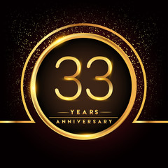 Fototapeta na wymiar thirty three years birthday celebration logotype. 33rd anniversary logo with confetti and golden ring isolated on black background, vector design for greeting card and invitation card.