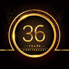 thirty six years birthday celebration logotype. 36th anniversary logo with confetti and golden ring isolated on black background, vector design for greeting card and invitation card.