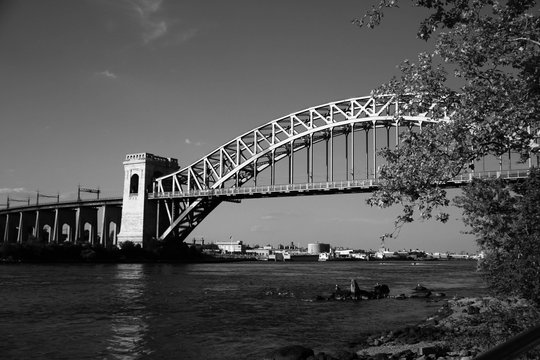 Fototapeta The Hell Gate Bridge behind the branches in black and white style, New York