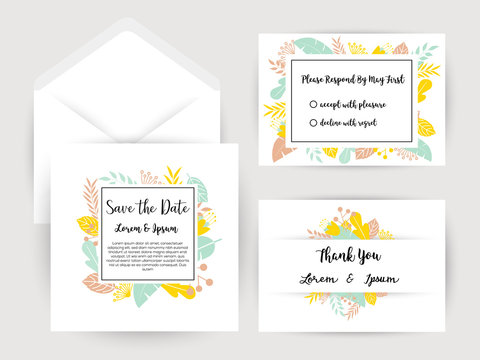 wedding invitation flower and pineapple card Templates,Set of invitations with floral background.