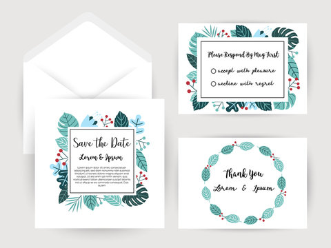 wedding invitation flower and pineapple card Templates,Set of invitations with floral background.