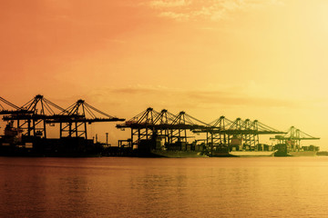 Fototapeta premium Containers loading by crane in the morning, Trade Port, Shipping