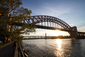 Hell Gate Bridge and Triborough bridge with sunset, New York