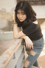 Portrait of vietnam high school teen beautiful girl happy in vintage style
