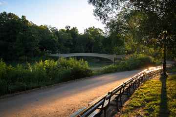 Walkway and park bench next to Bow bridge in the morning, Central Park