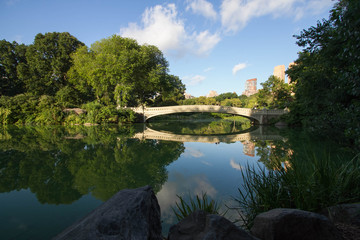 Fototapeta na wymiar Bow bridge and big trees reflect in lake with cloudy sky and rocks under the shade at Central Park