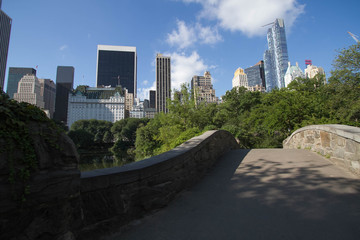 Gapstow bridge under the shade and buildings of Manhattan