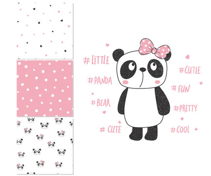 Cute little panda. Surface design and 3 seamless patterns