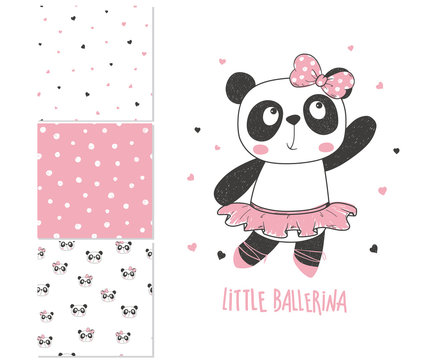 Little panda ballerina. Surface design and 3 seamless patterns