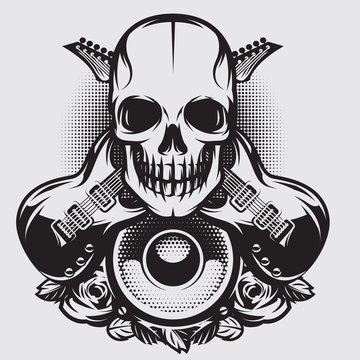 Vector illustration on a theme of rock music with skull, speaker and guitars
