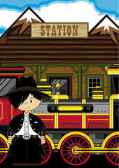 Cartoon Cowboy at Train Station - 144410936