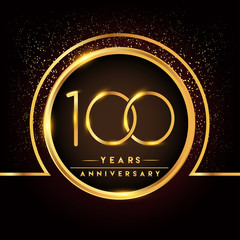 one hundred years birthday celebration logotype. 100th anniversary logo with confetti and golden ring isolated on black background, vector design for greeting card and invitation card.