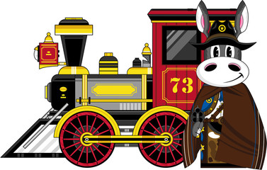 Cartoon Donkey Cowboy and Train