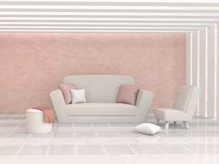 The living room is furnished pillows, sofa, chair, cement wall paint with orange color, ceiling made of slact and floor decorated with white and gray tiled. 3d render.