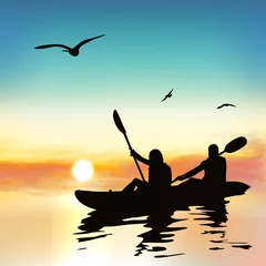 Foto op Canvas Silhouette of funny girls kayaking. © Narin