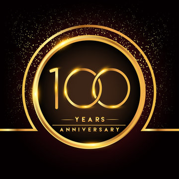 one hundred years birthday celebration logotype. 100th anniversary logo with confetti and golden ring isolated on black background, vector design for greeting card and invitation card.