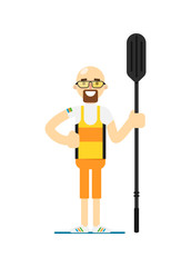 Smiling canoe rowing sportsman character vector illustration isolated on white background. Sport competition concept, athlete personage in flat design.